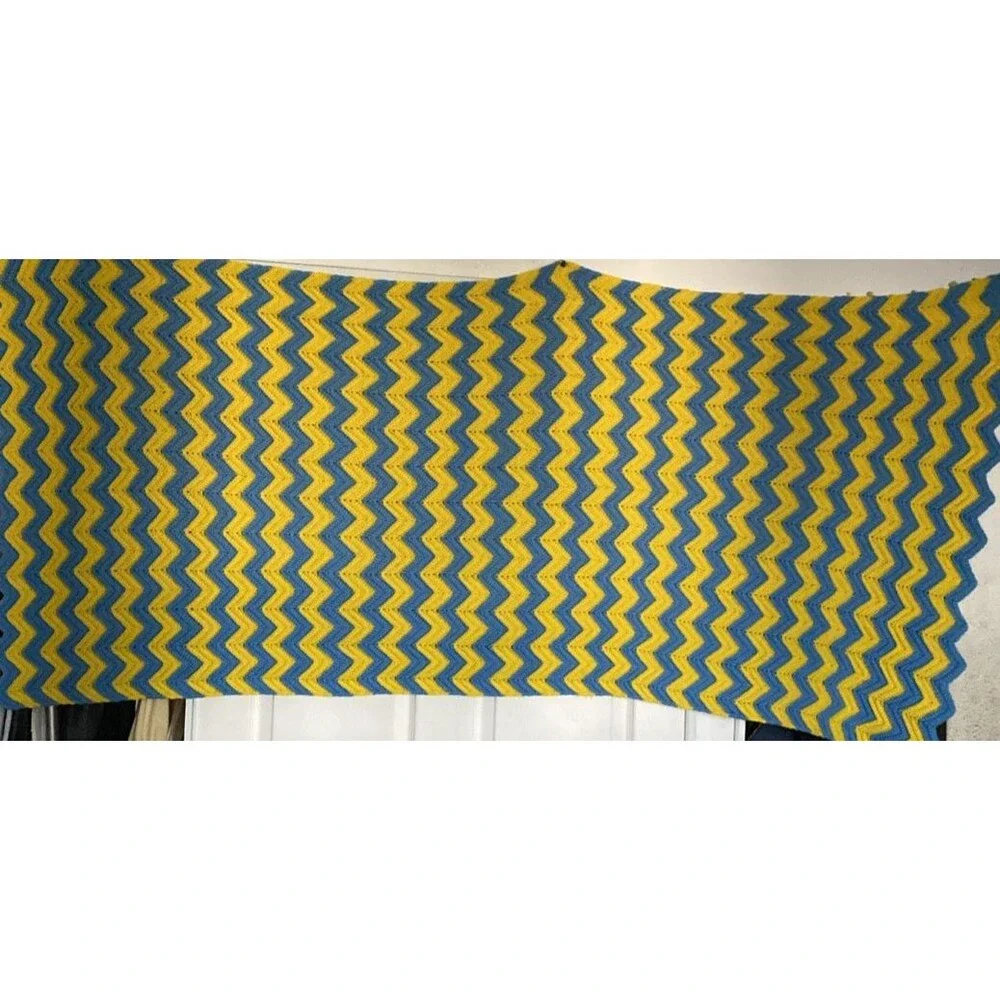 Vintage Chevron Crochet Afghan Blanket Yellow Blue Zig Zag 36x75 Throw Handmade
